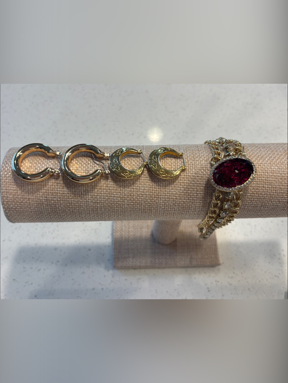 Costume Jewelry Lot Red Druzy Multi Strand Cuff Bracelet Gold Hoop Earrings